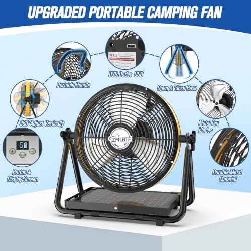 10 Inch Solar Powered Outdoor Fan with 10W Detachable Solar Panel | Built-in Rechargeable Battery, Dual Wind Speed & 360° Adjustable Tilt for Camping, Travel Tent, Greenhouse - color: 10" Yellow Black