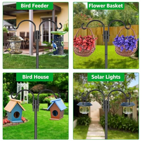 GOFORWILD 1 Pack 76inch Adjustable Double Shepherds Hook for Outdoor | Metal Bird Feeder Pole with 5-Prong Base for Hanging Bird Nest, Plant Basket,Lantern,Solar Light - size: 76 Inch