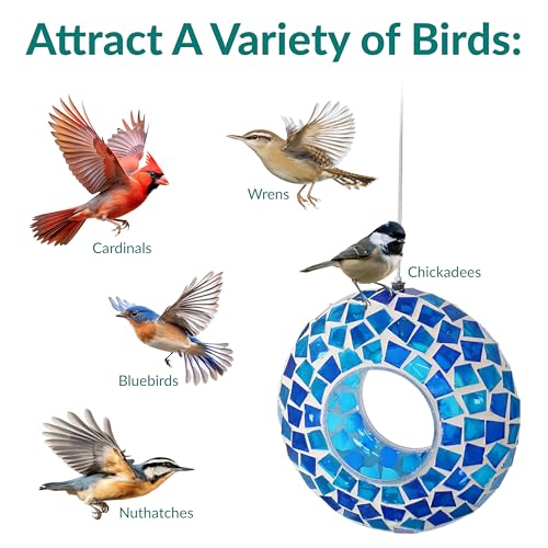 Sunnydaze Mosaic Glass Bird Feeder, Fly-Through, Blue Mosaic | 6" Small Unique Hanging Bird Feeder for Outdoors, Drainage Hole, Weather-Resistant, Birdfeeder for Cardinals, Jays, & Finches - color: Blue Mosaic