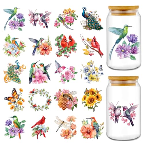 Rngmsi Vintage UV DTF Cup Wrap - 20 Sheets Flower Bird UV DTF Cup Wraps for 16 oz Cardinal Dragonfly Bee UVDTF Decals for Glass Waterproof Nature Rub on Transfer Stickers DIY Crafts - style: Flower Bird