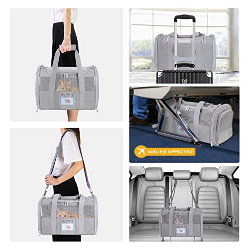 Cat Carrier Pet Dog Carrier Airline Approved for Puppy Cat Carrier Under 15 lbs, Collapsible Soft Sided Airline Approved Cat Carriers, Grey - color: Grey