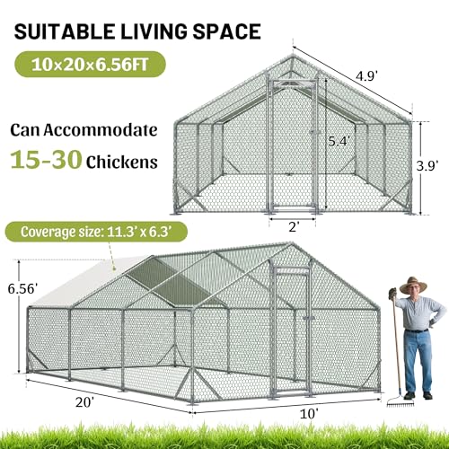 Metal Chicken Coop 20×10×6.56FT,Chicken Run Pen with Spire Roof,Water-Proof and UV-Proof Cover,Secure Mesh Walk-in Hens Fence with Lockable Door,Poultry Cage for Small Animal Like Hens,Ducks,Rabbits - size: 240.0"L x 80.0"W x 80.0"H
