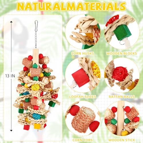 Soulchen 4 Pcs Extra Large Bird Parrot Toy Set Natural Wooden Chewing Toy, Rattan Ball, Wood Nut Loofah String (Bagged) for Large Medium Macaws, African Grey, Parrots (Wooden Block) - style: Wooden Block