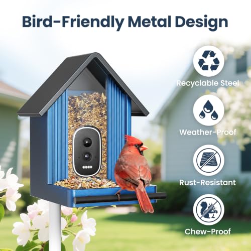 Smart Metal Bird Feeder with Camera, Light Blue | Squirrel Proof, 2.5K UHD AI Identification, Wireless Solar Powered, Real-time Videos & IMG, Outdoor for Garden Birding - color: Light Blue