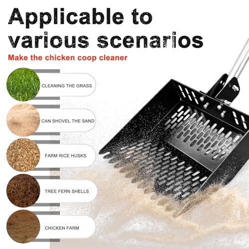 12inch Width Heavy Duty 2-in-1 Chicken Poop Scooper & Rake, Stainless Steel Chicken Coop Litter Sifting Shovel with Ergonomic Grip & Adjustable Angle, Sand Scoop for Coop, 37-54 Inch (12inch)