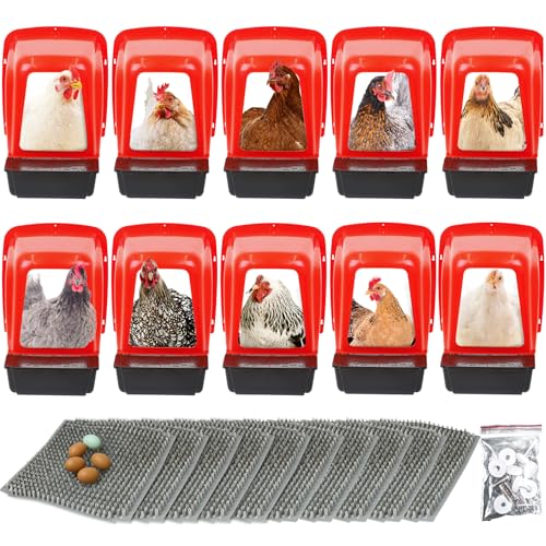 Chicken Nesting Boxes 10 Pack with Egg Roll Out, Plastic Chicken Laying Boxes for Chicken Coop, Wall Mounted Hen Nesting Box for Chickens & Poultry, Durable, Easy to Install & Clean, Red - color: Red, size: 10 Pack