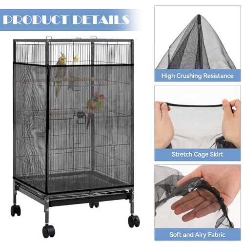 Trinkrittey Large Bird Cage Seed Catcher 31 x 118 inches Adjustable Bird Cage Net Cover Black Bird Cage Cover Elastic Band Mesh Cage Cover Skirt Nylon Mesh for Parakeet Parrot Cages