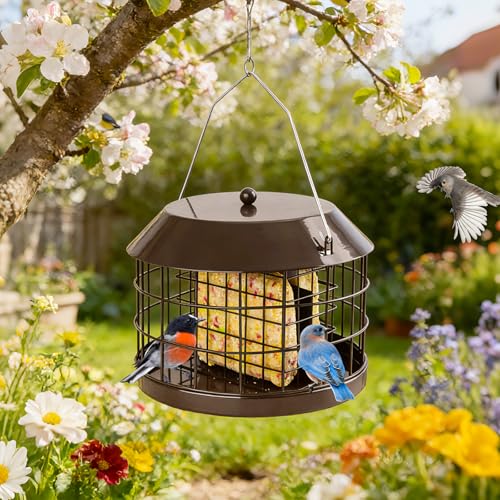 Gbekery Caged Suet Bird Feeder for Outdoors Hanging, Squirrel Proof Double Suet Feeder for Small Birds, Metal Cage with Detachable Hook, Large Space, Outdoors Weatherproof, Brown - style: Brown Suet Cage
