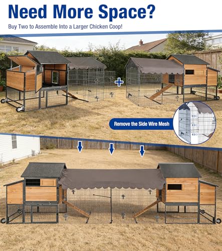 Large Chicken Coop with Wheels, Upgraded with All-Arounded Iron Frame Chicken Tractor, Poultry Chicken House with Large Run, Waterproof Roof, Expandable Nesting Box, 85" L for 5-7 Chickens