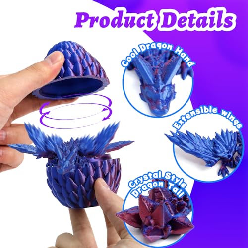 4 Pack 3D Printed Dragon Egg - Small Scale Egg with Winged Dragon Inside, Surprise 3D Printed Gift Toy, Desk Executive Pet, Figurine Decor（Purple Green Rainbow Glow - color: Purple+green Blue+candy Rainbow+glow Green