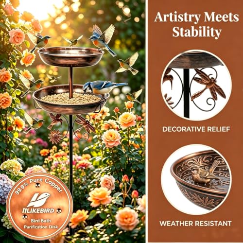 2-in-1 Bird Bath Feeder Set Antique Bronze with Copper Disk | Dual trays, heavy-duty metal, rustproof, hummingbird decor, ground stake, tool-free, vintage style