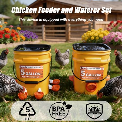 5 Gallon/44 Lbs Automatic Chicken Feeder & Waterer Set with Buckets, No Waste Feeder Port & Waterer Cup, Rain Proof Poultry Feeders, Keeps Out Small Animals, Ideal for Duck, Chick & Turkey