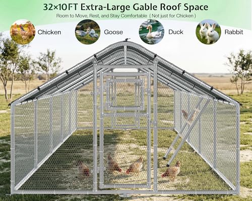 32x10 FT Extra Large Walk-in Chicken Coop with Spire Roof Cover | Front and rear doors, feeding door, roosting ladder and galvanized frame support easier daily poultry care - size: 372.4"L x 118.1"W x 77.6"H