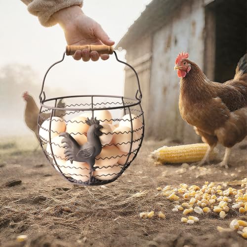 Wire Egg Basket for Gathering Fresh Eggs, Rustic with Rooster & Wood Handle | Vintage, Rusty Metal Open Weave, Backyard Chicken Keepers, Holds 24, Easter/Xmas Gift, Egg Collecting Basket, Kitchen Counter