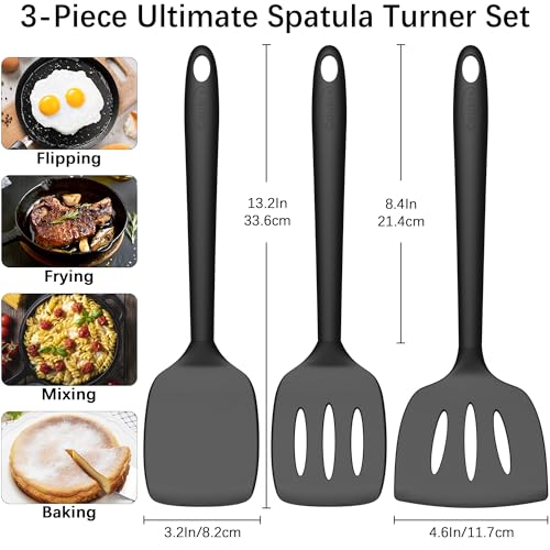 Coukre 3 Pack Silicone Spatula Set, Heat Resistant to 500°F, BPA-Free | Fish Spatula, Solid & Slotted Turners, Dishwasher Safe, Spatula Set for Eggs, Pancakes, Fish & Burgers, PureBlack - color: PureBlack