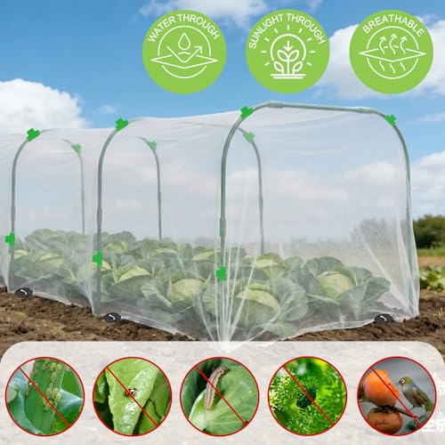 Garden Netting Kit 10×30 FT Ultra Fine Mesh Plant Protection Cover | with 6 Sets Garden Hoops & 36 Clips for Raised Beds, Physical Pest Barrier Netting for Vegetable Gardens & Row Covers