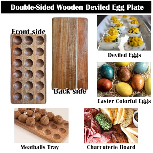 Acacia Wood Egg Holder for 18 Eggs, Rustic Countertop and Refrigerator Storage Tray, Farmhouse Kitchen Organizer with 1.5" Holes, Easy Clean Deviled Plates for Easter Decor,11.5" x 5.75" (1)