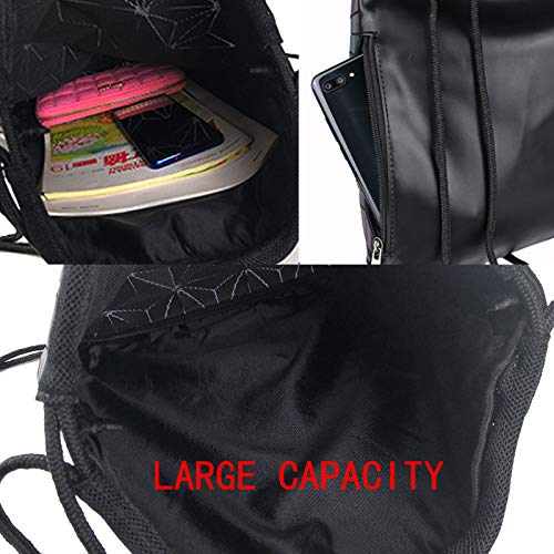 Van Caro Unisex PU Leather Holographic Geometric Drawstring Backpack Gym Travel String Bag, Black - color: Black
