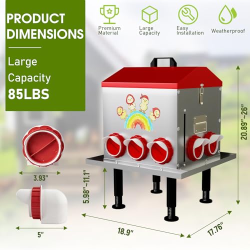 StellarStar 85LB Large Automatic Chicken Feeder with Window | 10 Ports, No-Waste Tray, Adjustable Legs & Locking Lid, Rust-Proof Metal, Waterproof Poultry Feeder for Chickens/Ducks/Geese