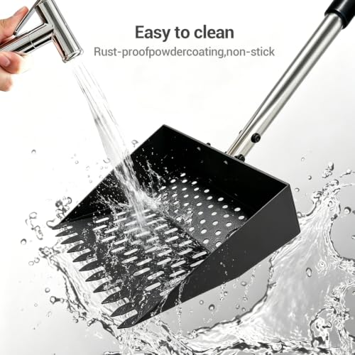 Chicken Poop Scooper, 10.2" Metal Steel Sifting Shovel with Ergonomic Grip, 37-62in Extendable Stainless Steel Handle, Professional Poultry Litter Cleaner for Chicken Coop, Duck, Goat & Sand