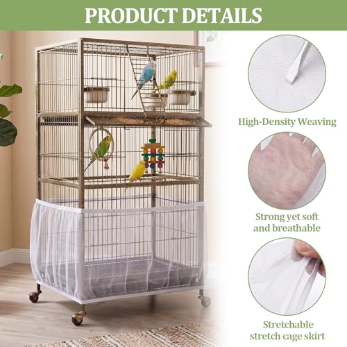Bird Cage Cover,Bird Cage Seed Catcher,Durable Airy Nylon Mesh Net, Adjustable Birdcage Cover Skirt Seed Guard for Parrot Cockatiel Parakeet Pigeon Big Round Square Cages(White) - color: White