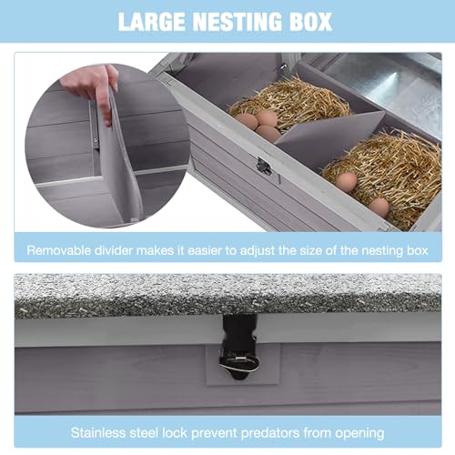 Large Chicken Coop with Wheels, Hen House with Run, Wooden Poultry Cage with Waterproof Roof, Leakproof Tray and Nesting Box, Rabbit Cage Bunny Hutch, Chicken Tractor for 4 Chickens (Grey) - color: Grey, size: 73.4"L x 27.9"W x 43.2"H