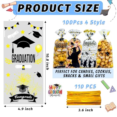 Soarvita 100PCS Graduation Cellophane Treat Bags: Double-Sided Printed Graduation Candy Bags with Gold Twist Ties, Clear Goodie Bags for Graduation Party Favors, Cookies, Popcorn, Gifts (Black Gold) - color: Graduation-100pcs