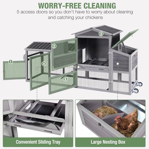 Mobile Chicken Coop with Wheels for 4-6 Chickens, Large Wooden Hen House Expandable Duck Cage with Run, 2 Nesting Boxes, Easy Clean Pull-Out Tray, Waterproof Asphalt Roof (Grey) - size: 80.6"L x 26.6"W x 42.4"H