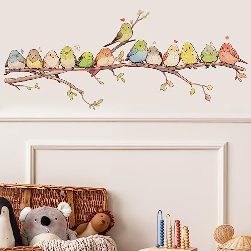 Cartoon Birds on The Branch Wall Decal Animal Wall Sticker | Removable peel and stick wall art for nursery, classroom, preschool, living room, bedroom, and bathroom