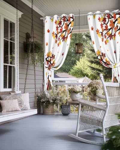Outdoor Curtains for Patio, Turkey Waterproof Blackout Outside Curtain for Porch/Pergola/Gazebo, Thanksgiving Maple Leaf Orange Teal Blue Pumpkin Thermal Insulated Drapes, 2 Panels, 54 x 84 Inch - color: White, size: 54"W x 84"L (Pack of 2)