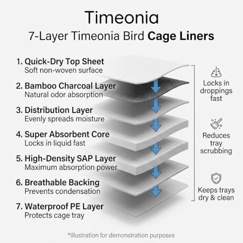 XL Bird Cage Liners 20-Pack Bamboo Charcoal Pads | 7 layer odor control waterproof leak proof backing quick daily cleanup large parrot cage coverage