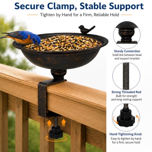 12 Inch Deck Mounted Bird Bath & Bird Feeder for Deck Railing, Clip On | Clamp On Bird Feeder, Porch Bird Bath, Fence Mount Railing Bird Feeder, Patio Garden, Rust Resistant Solid Metal 2-in-1