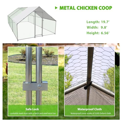NUGRIART Large Metal Chicken Coop Walk-in Poultry Cage with Water-Resident and Anti-UV Cover Duck Rabbit Cat House Outdoor Chicken Run Pen with Spire Shaped Cage - size: 19.7’L×9.8’W×6.5’H