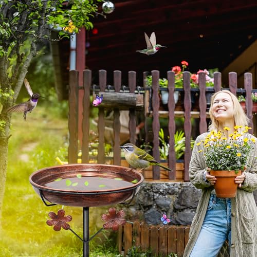 Metal Bird Bath for Outside, Freestanding Birdbaths Bowl Outdoor with Iron Stake, Vintage Spa Birdfeeder Bowl for Garden Patio Yard Lawn Decor, Easy to Clean - color: Vintage Brown, Flowers