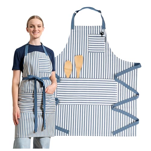 Chef Aprons for Women with Pockets, Adjustable Bib Aprons for Cooking - color: Blue Striped