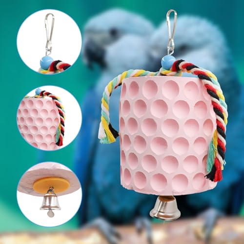Bird Beak Grinding Stone, Parrot Chew Toys with Bells, Bird Toys, Cage Accessories for African Grey, Amazon Parrots, Budgies, Cockatiels, Lovebirds, Conures, Quakers, Small to Medium Birds - color: Pink