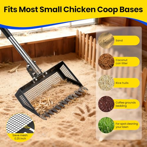 2-in-1 Chicken Poop Scooper & Rake, 3 Angles of Use with 10” Metal Shovel Head, Adjustable Stainless Steel Handle (36–76”), Chicken Poop Scoop for Sand & Bedding