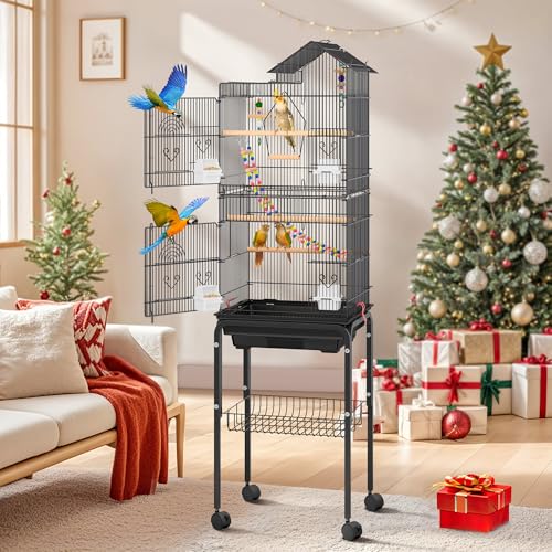 DWVO 62-inch Metal Bird Cage | Bird Cage Spacious for Cockatiels, Parrots, Pigeons, Lovebirds, Features Roof Access and Rolling Stand Black - color: Black