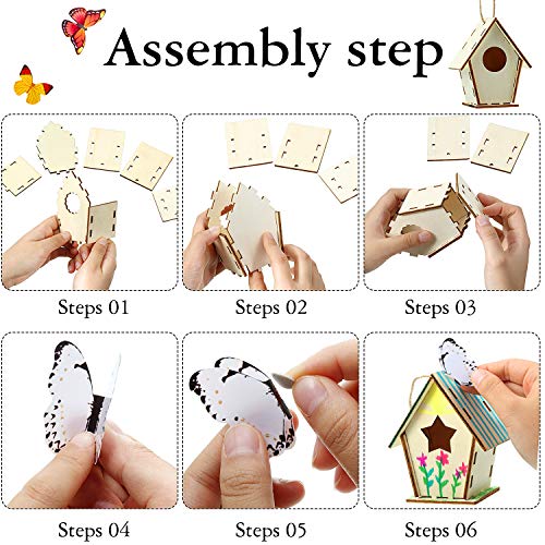 Outus 12 Pcs Wooden Birdhouse Craft Kits to Build, 4 Shapes Wooden Unfinished Bird House with Butterfly Sticker for and Arts Crafts Bulk Painting Kits(Classic Style,3.6×4 Inch) - style: Classic