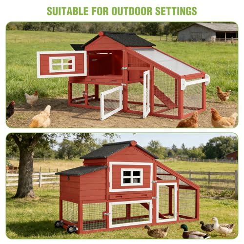 GUTINNEEN Large Chicken Coop with Wheels, Expandable Mobile Chicken House for Outdoor Use, Hen House Poultry Cage with Nesting Box, Leakproof Pull-Out Tray & UV-Resistant Roof – Red - color: (Red)