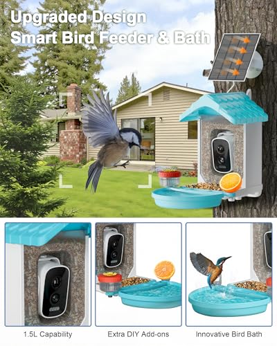 2-in-1 Smart Wild Bird Feeder & Bath with 4K HD Camera, AI Identification Solar Bird Feeder Watching Camera Night Vision for Outdoor Birds Watching Gifts for Birdlover, Blue - color: Blue & White
