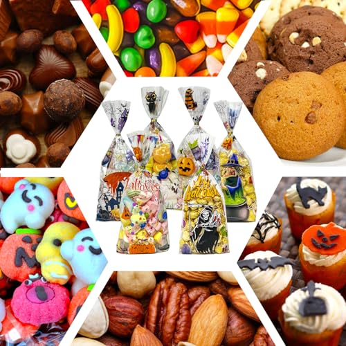 QOIUSO Halloween Cellophane Treat Bags: 54Pcs Clear Halloween Trick or Treat Goodie Bags with 60Pcs Twist for Candy Cookies Gifts Packaing, Kids Party Favor Bags (10.8 * 5.1in) - color: Halloween-54pcs