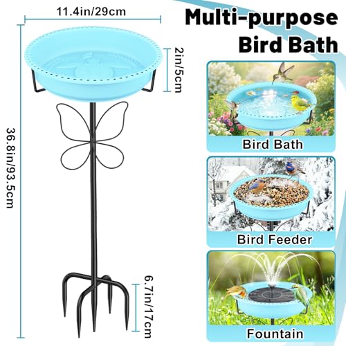 37In Bird Bath for Outside, 2-in-1 Birdbath & Birdfeeder with Detachable Plastic Bowl, Metal Butterfly Stake & Sturdy 5-Pronged Base for Outdoor Garden Yard Decor (Blue) - color: Blue