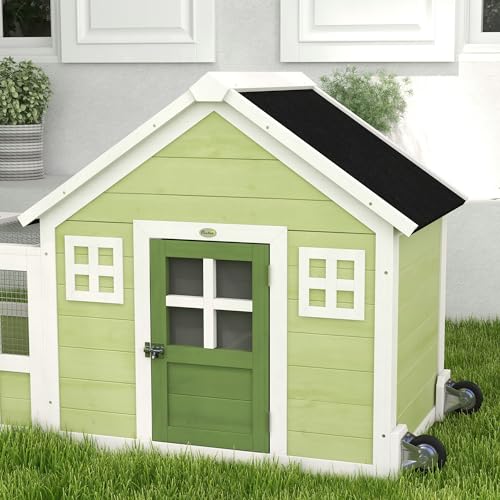PawHut Rabbit Hutch with Asphalt Roof, Handle, Wheels, 64 Inch Multicolor | Outdoor Rabbit Cage or Guinea Pig Cage, Wooden Bunny Cage, for Rabbits, Chickens, Ducks, Small Animals, Quail Hutch