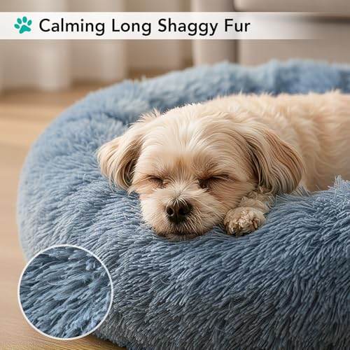 PetAmi Calming Donut Dog Bed, Washable Faux Fur, 23 Inch Small, Blue | Warm Shaggy Faux Fur and A Deep Nest Help Anxious Pets Curl Up and Sleep Soundly. Perfect for Puppies, Cats, and Rescues. - color: Dusty Blue, size: Small - 23"
