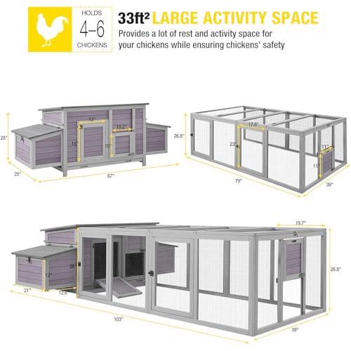 Aivituvin Chicken Coop with Run for 4–6 Chickens, Ducks, or Small Animals, Outdoor Hen House with 4 Nesting Boxes, L-Shaped Metal Brackets, Weatherproof, Easy Assembly, 103" L x 67" W x 28" H - color: Grey, size: 103.0"L x 67.0"W x 28.0"H