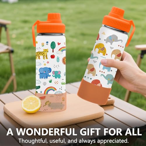 Elephant 18oz Water Bottle, with 2 Lids Handle, Insulated Sport Cup | 18oz Stainless Steel Tumbler, Reusable Leak proof Anti Slip Boot Mug, Christmas Birthday Gift for Elephant Lover Son - color: Elephant