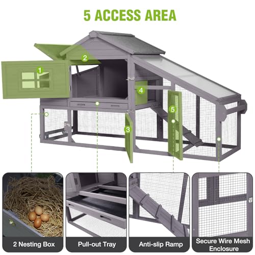 GUTINNEEN Large Chicken Coop on Wheels, Expandable Outdoor Mobile Chicken House, Hen House Poultry Cage with Nesting Box, Leakproof Pull-Out Tray & UV-Resistant Roof – Grey - color: (Grey)