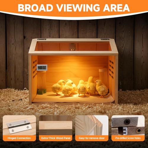 Wooden Chick Brooder Box with Heat Lamp and Thermometer, 15.7 x 12 x 12 in | Thick wood construction with pre-drilled holes suitable for chicks, ducklings, quail, hamsters small animals - size: Small(15.7x12x12 in)