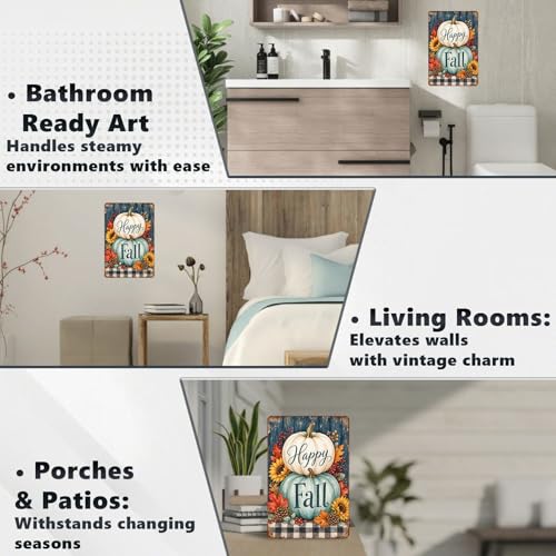 Happy Fall Teal White Pumpkin Pinecone Tin Sign Rustic Buffalo Plaid Wall Art for Entryway Kitchen Dining Room Living Room and Farmhouse Home Decor 12 * 8In - color: Vintage Thanksgiving Tin Sign 14, size: 20X30cm(12*8in)